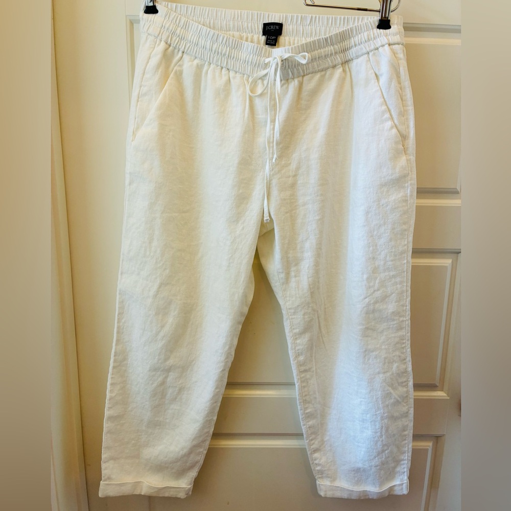 Crew Linen Cotton Pull-On White Pants 10P Petite Drawstring Waist Pockets beach